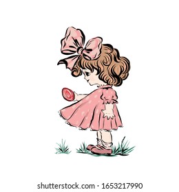 Girl with easter egg. Baby with pink bow on hair and dress. 