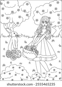 Girl with easter egg basket coloring page vector