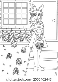 Girl Easter Egg Hunt coloring page vector