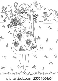 Girl with easter eggs on hand coloring page vector egg hunting easter eve