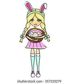 Girl with Easter eggs and rabbit ears. Happy Easter vector