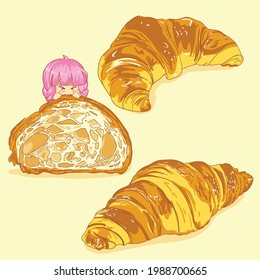 Girl eat Croissant set cartoon