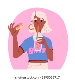 Girl eat and drink concept. Woman with donut in glaze and pink cocktail. Dessert and delicacy, beverage. Social media cover. Cartoon flat vector illustration isolated on white background