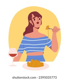 Girl eat and drink concept. Woman with spaghetti and glass of wine. Dessert and delicacy, beverage. Template and layout. Cartoon flat vector illustration isolated on white background