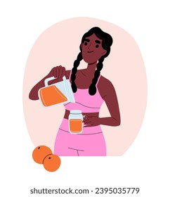 Girl eat and drink concept. Woman with oranges and jug of juice. Dessert and delicacy, beverage. Graphic element for website. Cartoon flat vector illustration isolated on white background