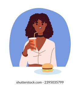 Girl eat and drink concept. Woman with cup of soda and burger in cafe. Dessert and delicacy, beverage. Poster or banner. Cartoon flat vector illustration isolated on white background