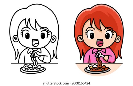 girl eat noodles coloring page for kids