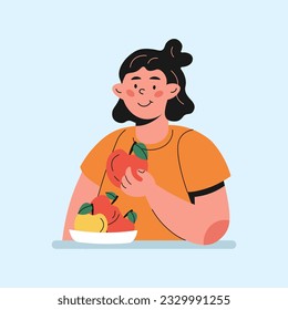 girl eating apple character in cartoon style