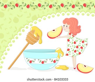 girl eating apple with honey