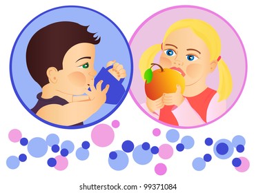 Girl eating apple,boy drinking. Vector illustration
