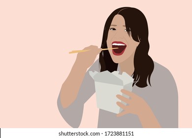 Girl eating asian food from cartoon box with chopsticks, hand drawn vector in flat style. Hungry happy woman eating noodles from take away box at street food festival