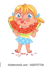 Girl is eating a big slice of watermelon and spits seeds. Child has smeared his face and clothes. Funny cartoon character. Vector illustration. Isolated on white background