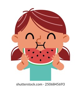 Girl is eating a big slice of watermelon with a good appetite. Funny cartoon character. Vector illustration. Isolated on white background.