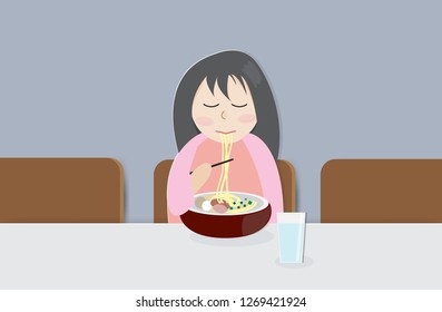 A girl eating a bowl of noodles and glass of water,vector illustration.