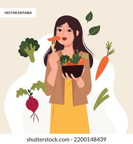 Girl eating a bowl of vegetables in vector editable flat illustration design