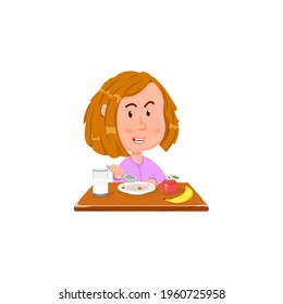 Girl eating breakfast, flat style cartoon character.