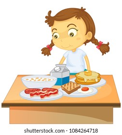 A Girl Eating Breakfast on White Background illustration