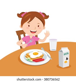 Girl eating breakfast. Vector illustration of a cute girl eating breakfast.