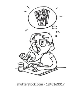 Girl eating broccoli and thinking about fried potatoes. Healthy food.