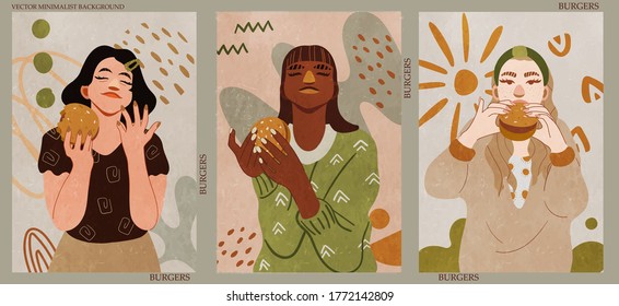 Girl eating a Burger. A collection of women with Burgers in their hands. Abstract minimalist hand-drawn vector illustration for stories, wall decoration, postcard or brochure cover design.