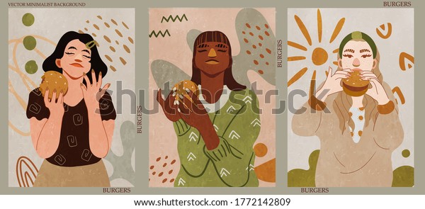 Girl eating a Burger. A collection of women with Burgers in their hands. Abstract minimalist hand-drawn vector illustration for restaurant wallpaper for walls. 