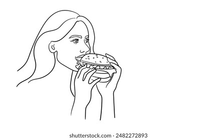 Girl eating burger continuous line art drawing isolated on white background. Vector illustration	