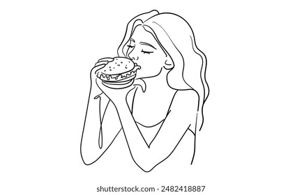 Girl eating burger and enjoys continuous line art drawing isolated on white background. Vector illustration	