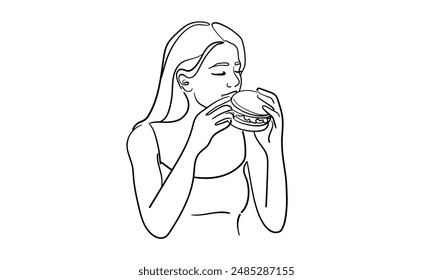 Girl eating burger and enjoys continuous line art drawing isolated on white background. Vector illustration	