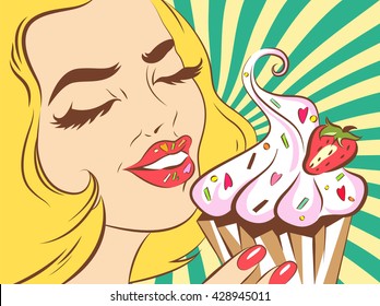 Girl eating cake. Vector retro styled illustration. Blonde woman in pop art style.