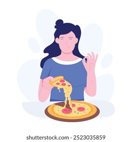 Girl eating cheesy pizza slice, flat illustration  