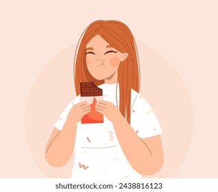 Girl eating chocolate. Happy female holding chocobar. Sweet dessert, enjoy sugar choco candy. Body positive character, cartoon snugly vector scene