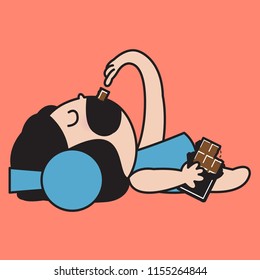Girl Eating Chocolate While Chilling Listening Music With Headph
