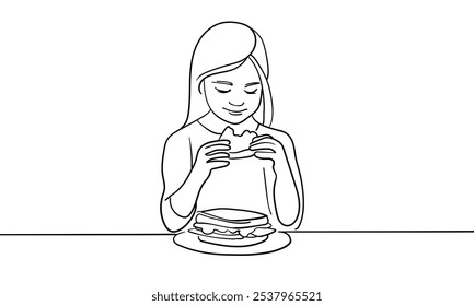 Girl eating continuous line art drawing isolated on white background. Breackfast outline. Vector illustration	