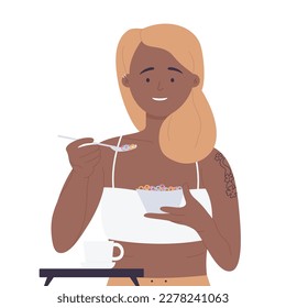 Girl eating corn flakes cereals. Healthy breakfast, morning meal with milk vector illustration