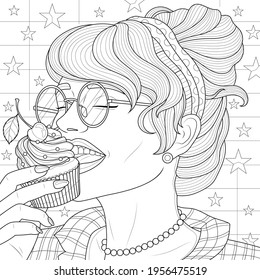 
The girl is eating a cupcake.Coloring book antistress for children and adults. Illustration isolated on white background.Zen-tangle style. Hand draw