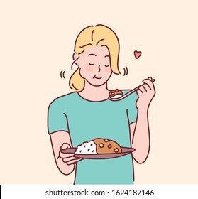 girl eating a curry rice with a smile. Hand drawn style vector design illustrations.