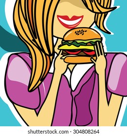 Girl eating a delicious cheeseburger vector illustration