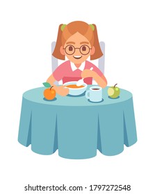 Girl eating dinner or lunch. Smiling toddler sits at table and eats soup with spoon, healthy food for children, flat vector cartoon isolated character