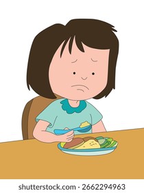 Uma garota está jantando à mesa