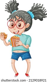 A girl eating fast food on a white background illustration