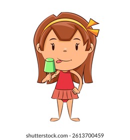 Girl eating flavored ice on a stick, swimsuit, summer, drawing