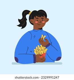 girl eating french fries character in cartoon style