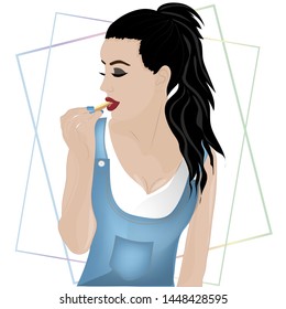 Girl eating french fries. Vector art