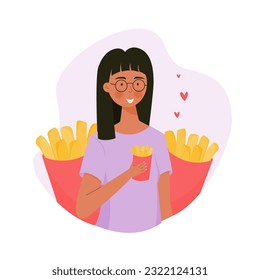 Girl eating french fry illustration. National French fry day illustration for poster, social media, banner, and background.