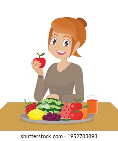 Girl eating fresh healthy fruits.,vector eps10