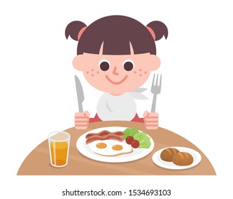 Girl eating fried egg and bread for breakfast