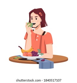 Girl eating fruits healthy food isolated woman in flat cartoon. Vector female student eats apple, banana, oranges and grapes on plate, napkin on table. Vegetarian desserts consumption, organic snack