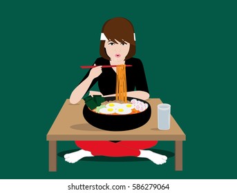 Girl eating a giant bowl of ramen for The Big Challenge Ramen competition