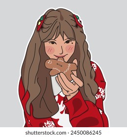 a girl eating ginger cookies in Christmas style sweater