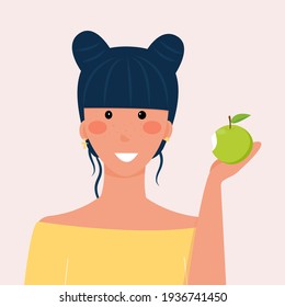 The girl is eating a green apple. Diet food, healthy lifestyle, vegetarian snack, raw food diet. Student snack. Vector illustration.